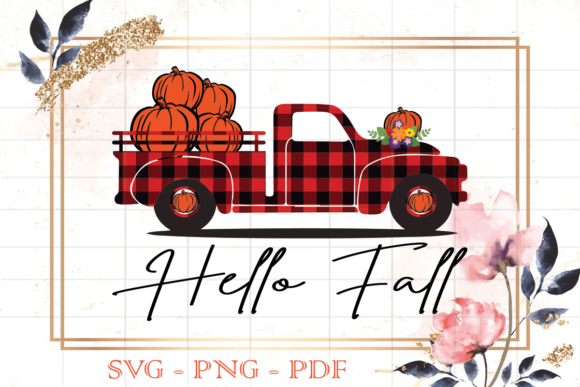 Hello Fall Red Plaid Pumpkins Truck SVG